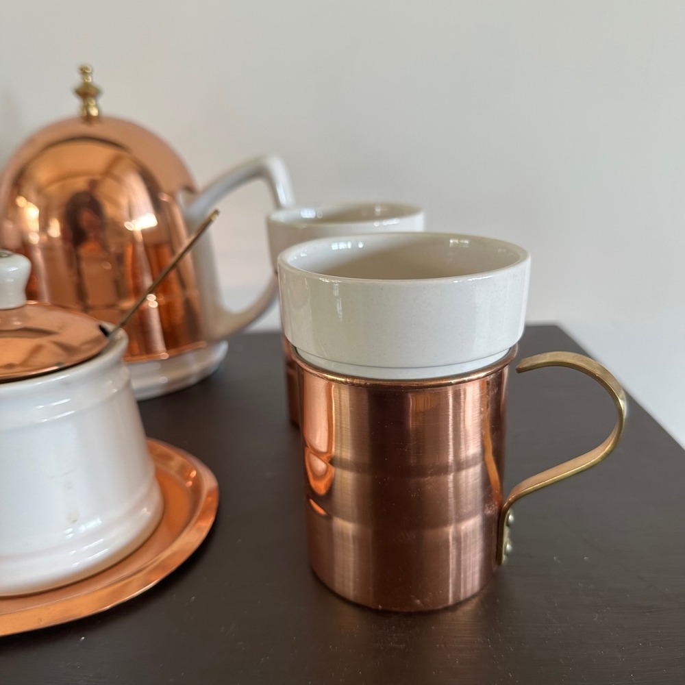 Vtg Baker Hart & Stuart Ceramic Copper Tea Set Teapot 4 Mugs Creamer 9pc Service - Picture 6 of 16